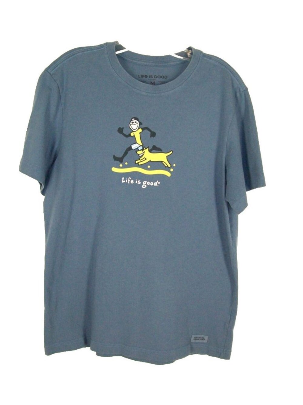 Mens Life is Good Crusher Tee M Man Dog Running Blue Gray Tshirt